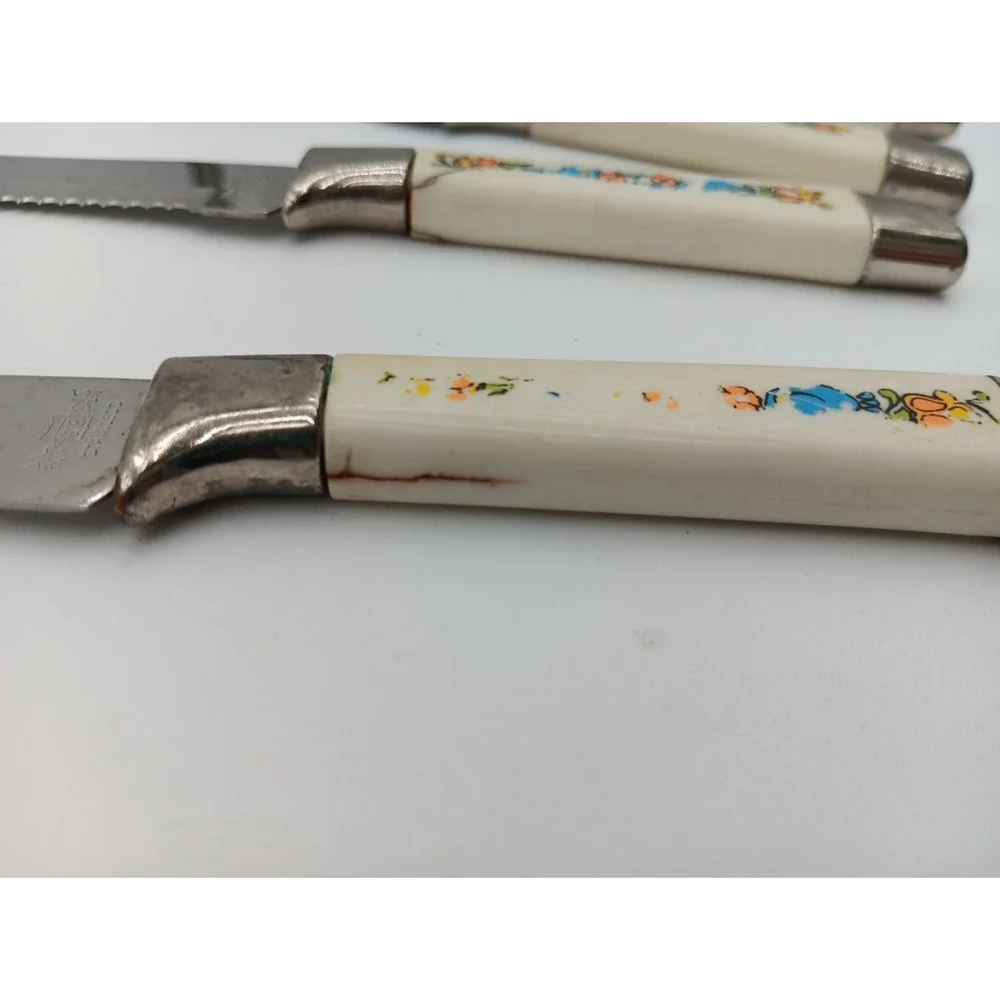6 VTG Steak Knives Plastic Handle‎ Blue Bird Orange Stainless